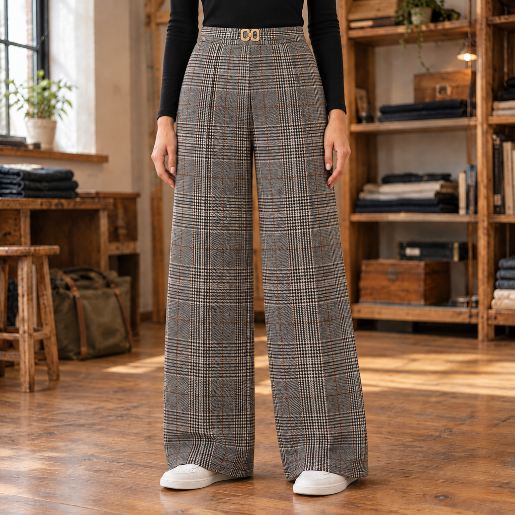 Emily Glen-Plaid Wide-Leg Trousers - Khaki, worn, full trousers