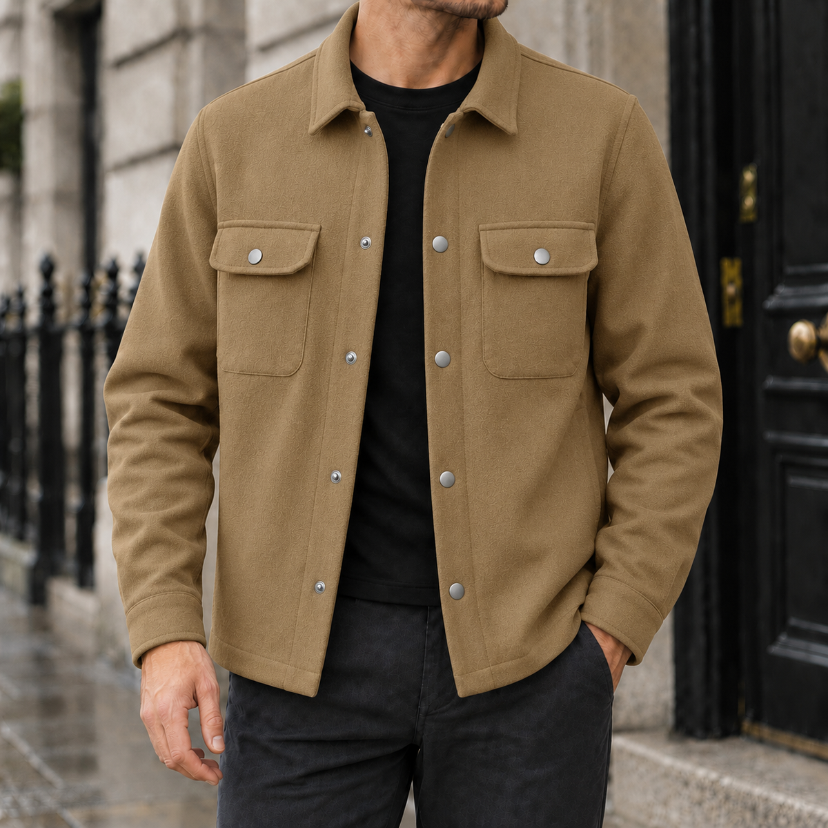 Garrett Brushed Snap-Front Shirt Jacket - Khaki, worn, full jacket