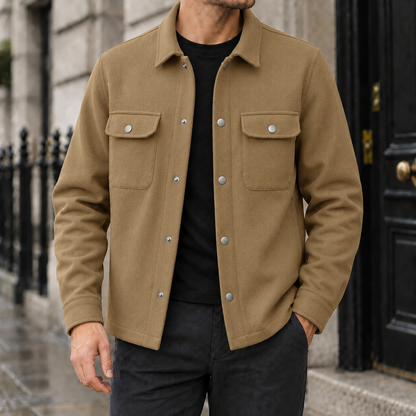 Garrett Brushed Snap-Front Shirt Jacket - Khaki, worn, full jacket