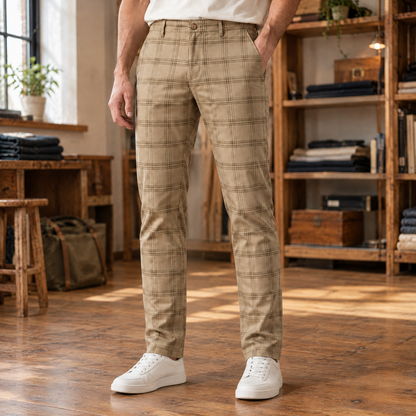 Harrison Plaid Stretch Slim Trousers - Khaki, worn, full trousers
