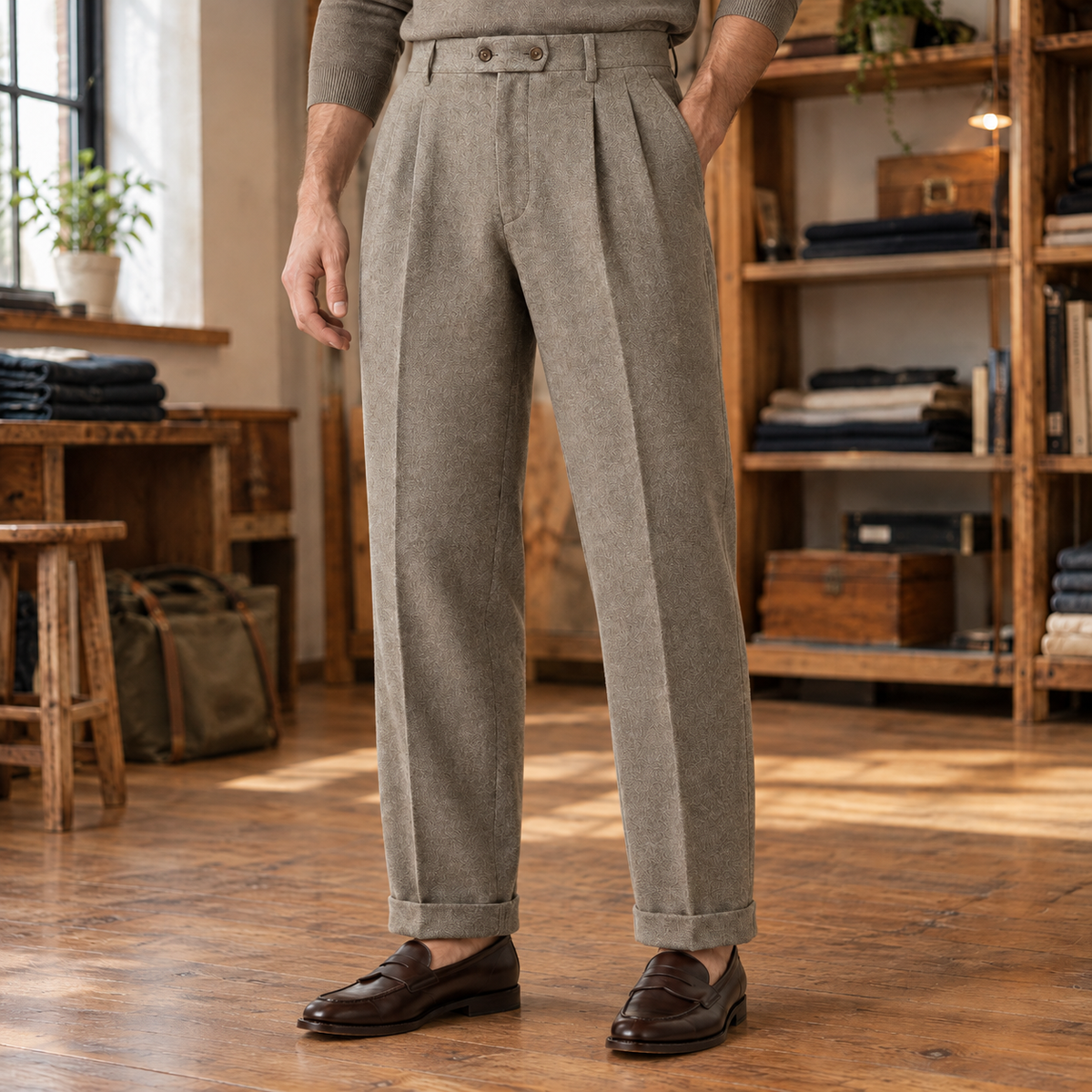 Gavin Button-Tab Pleated Trousers - Khaki, worn, full trousers