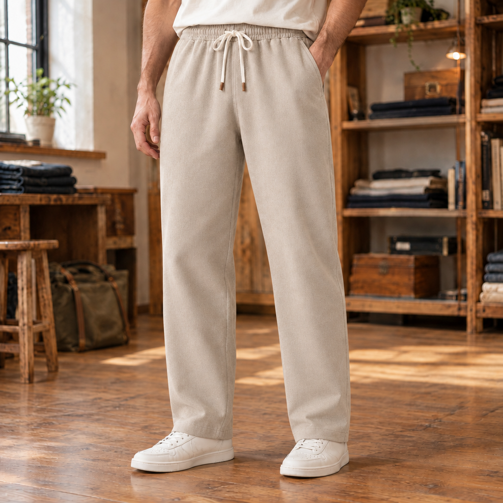 Shane Brushed Twill Drawstring Pants - Light Khaki, worn, full pants