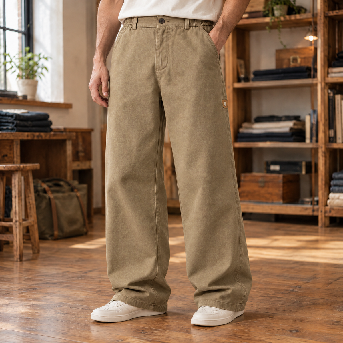Owen Washed Cotton Work Pants - Khaki, worn, full pants