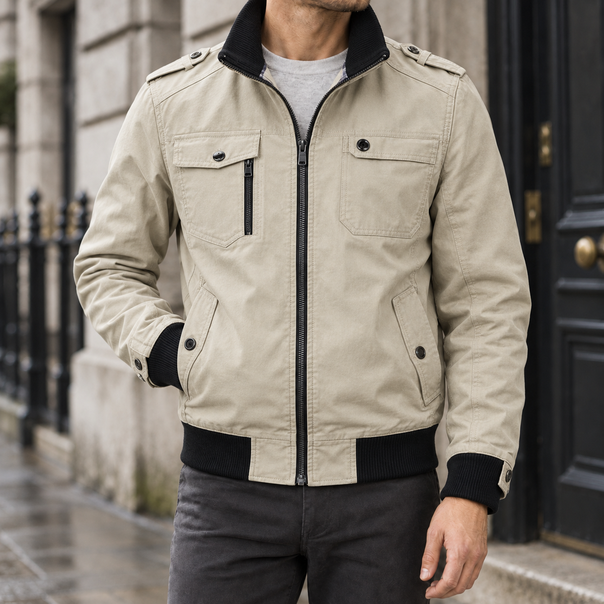 Corvin Cotton Military Jacket — Khaki, worn, full jacket