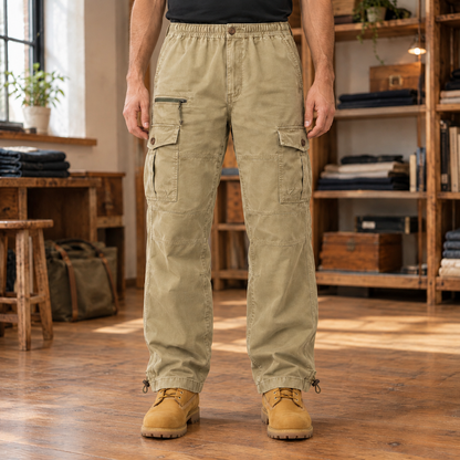 Tucker Cotton Cargo Pants - Khaki, worn, full pants