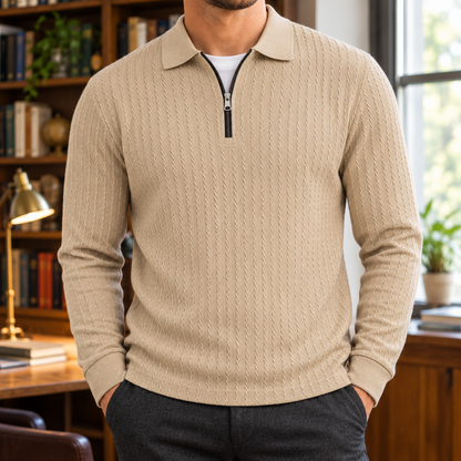 Peter Textured Quarter-Zip Polo - Khaki, worn, full polo