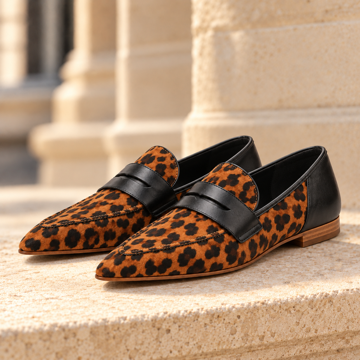 Hazel Pointed Suede Penny Loafers - Leopard, full pair