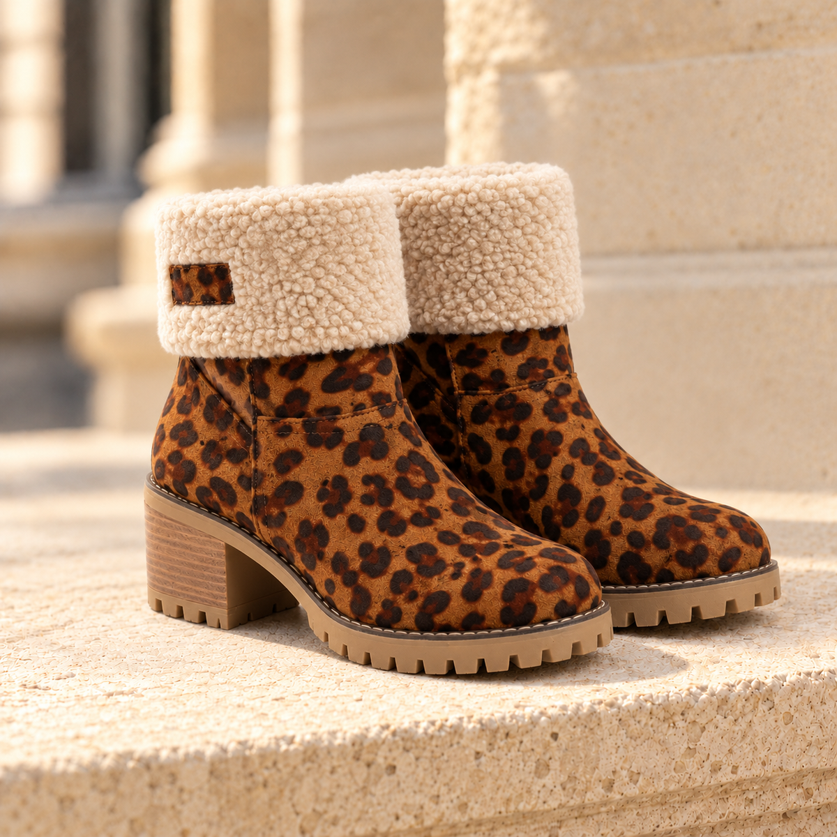 Aspen Faux-Shearling Cuff Ankle Boots - Leopard, full pair