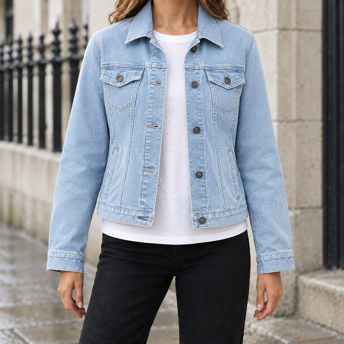 Delphine Cropped Denim Jacket - Light Blue, worn, full jacket