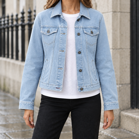 Delphine Cropped Denim Jacket - Light Blue, worn, full jacket
