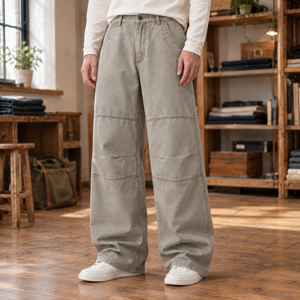 Reed Double-Knee Cotton Work Pants - Light Gray, worn, full pants