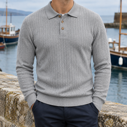 Richard Cable Jacquard Long-Sleeve Polo - Light Gray, worn, full polo