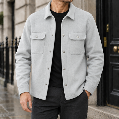 Garrett Brushed Snap-Front Shirt Jacket - Light Gray, worn, full jacket