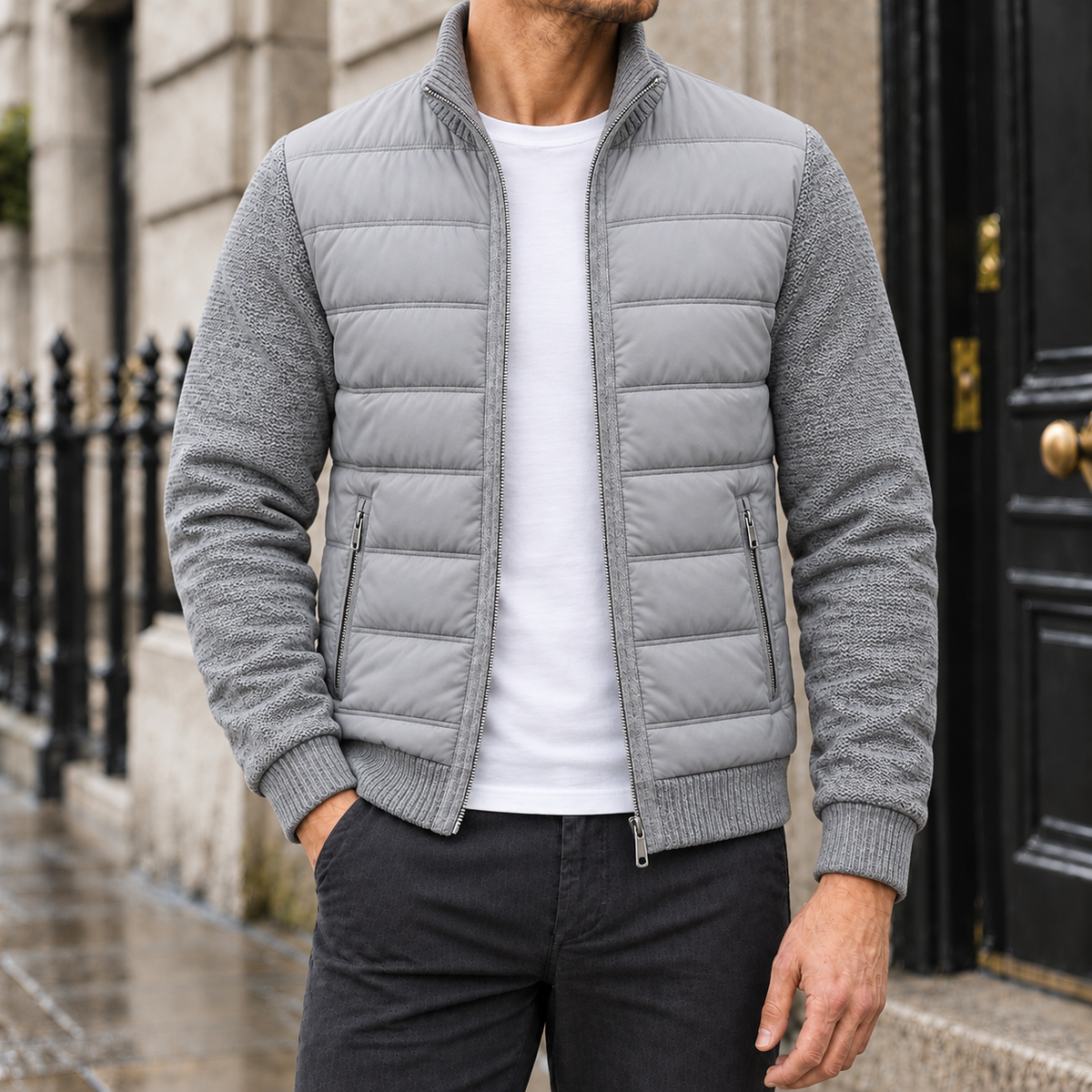 Ryan Knit-Sleeve Quilted Jacket - Light Gray, worn, full jacket