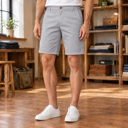 Bram Cotton Chino Shorts — Light Grey, worn, full shorts