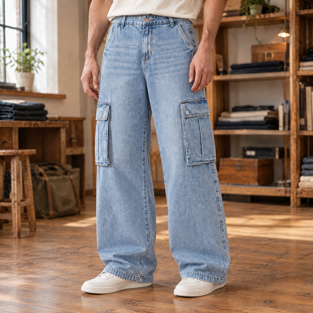 Cody Washed Denim Cargo Jeans - Light Blue, worn, full jeans