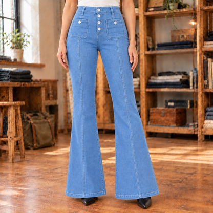 Jessica Button-Front Flare Jeans - Light Blue, worn, full jeans