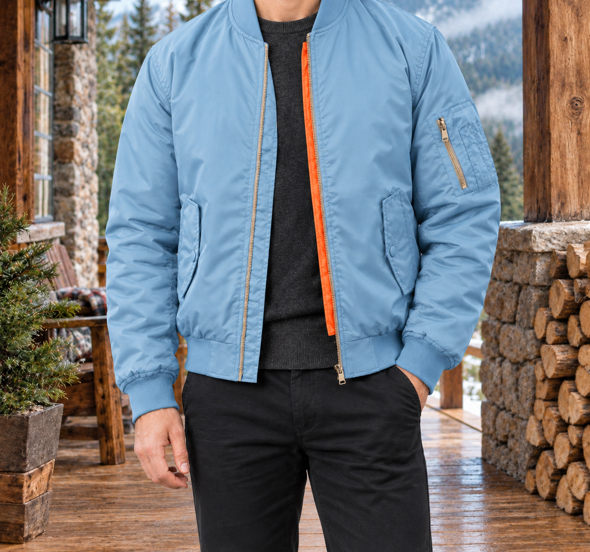 Brett Contrast-Lined Flight Jacket - Light Blue, worn