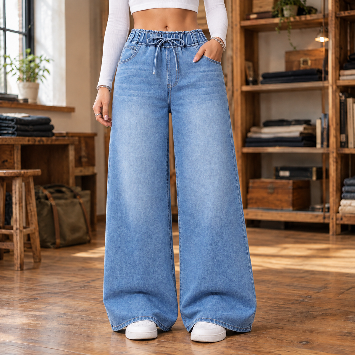 Harper Drawstring Wide-Leg Jeans - Light Blue, worn, full jeans