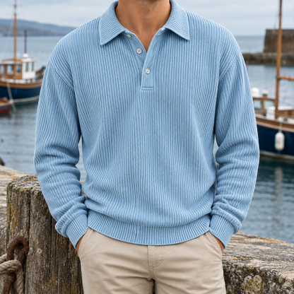Bradley Ribbed Long-Sleeve Knit Polo - Light Blue, worn, full polo