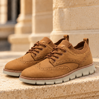 Ellis Knit-Collar Wingtip Sneakers - Light Brown, full pair