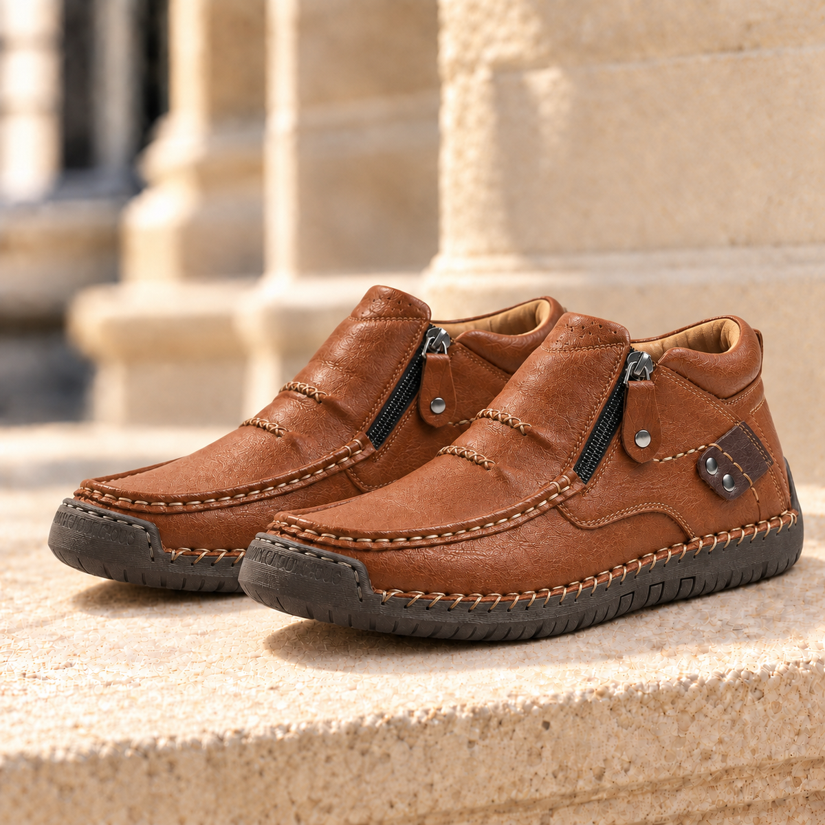 Brooks Leather Side-Zip Moc-Toe Boots - Light Brown, full pair