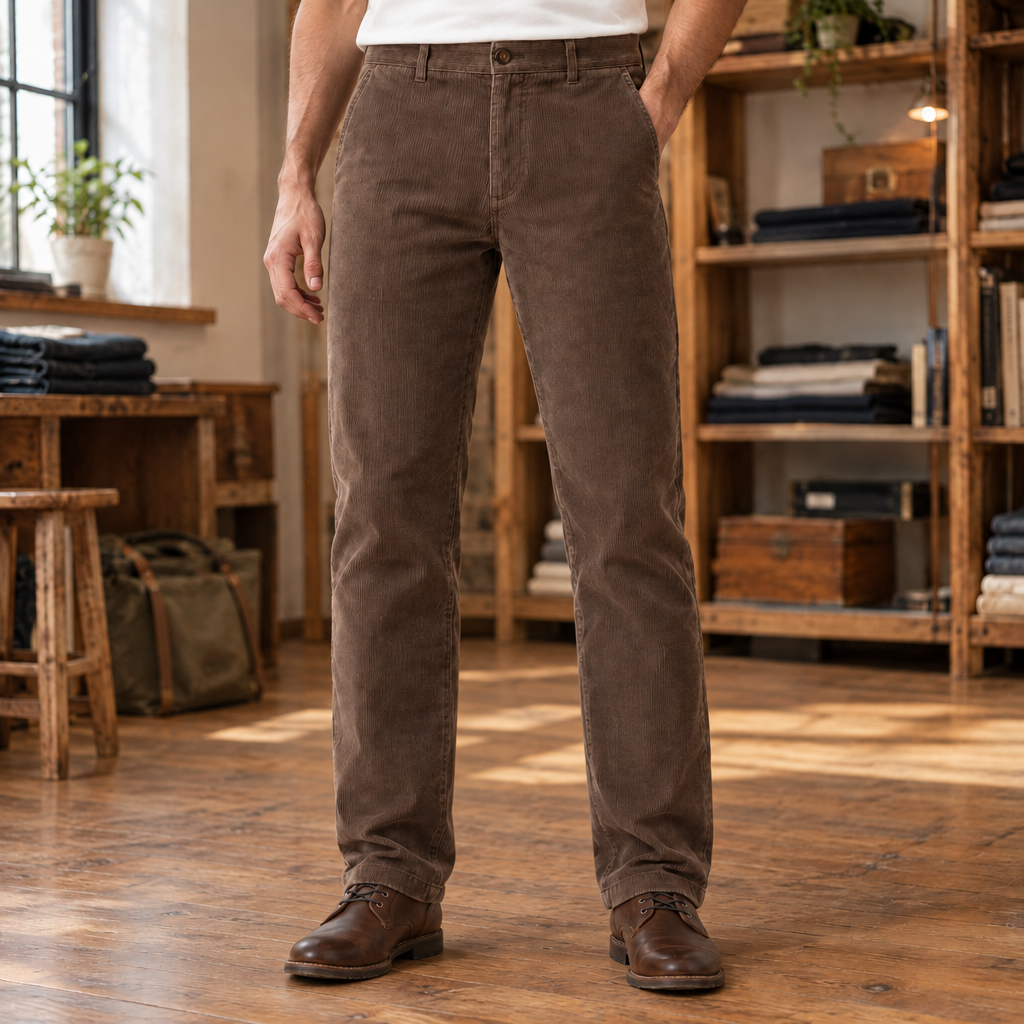 Elliott Wide-Wale Corduroy Trousers - Light Brown, worn, full length