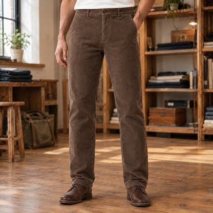 Elliott Wide-Wale Corduroy Trousers - Light Brown, worn, full length