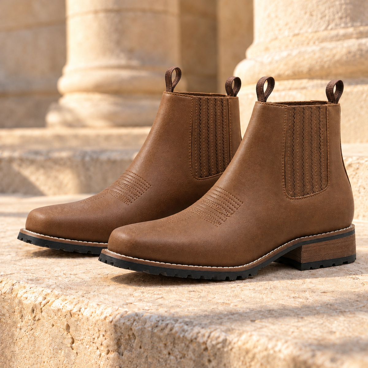 Wade Square-Toe Western Chelsea Boots - Light Brown, pair on a limestone step