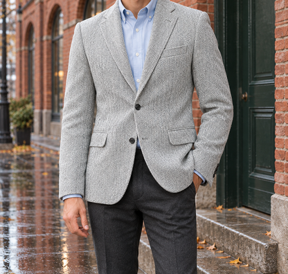 Edward Herringbone Two-Button Blazer - Light Gray, worn, full blazer