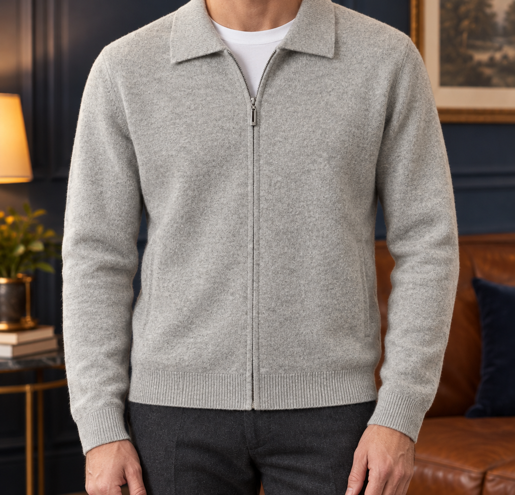 Walter Wool Zip Polo Cardigan - Light Gray, worn, full cardigan