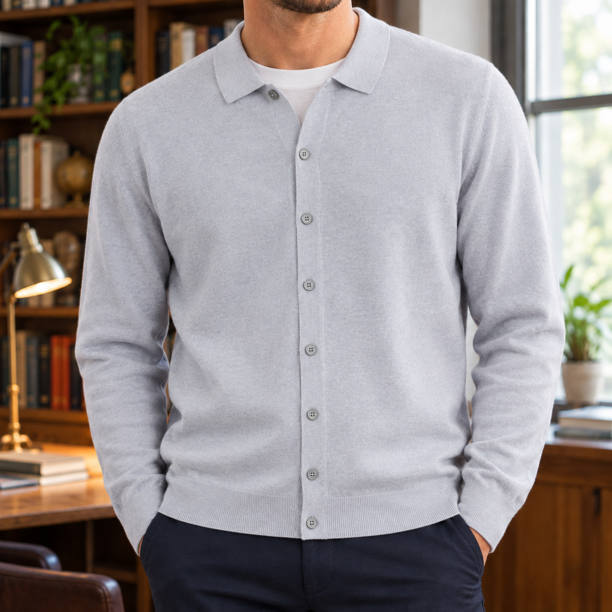 Andrew Fine-Knit Polo Cardigan - Light Gray, worn, full cardigan