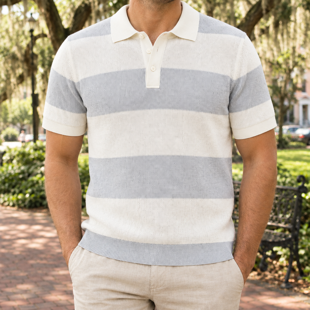 Lucas Block-Stripe Knit Polo - Light Gray, worn