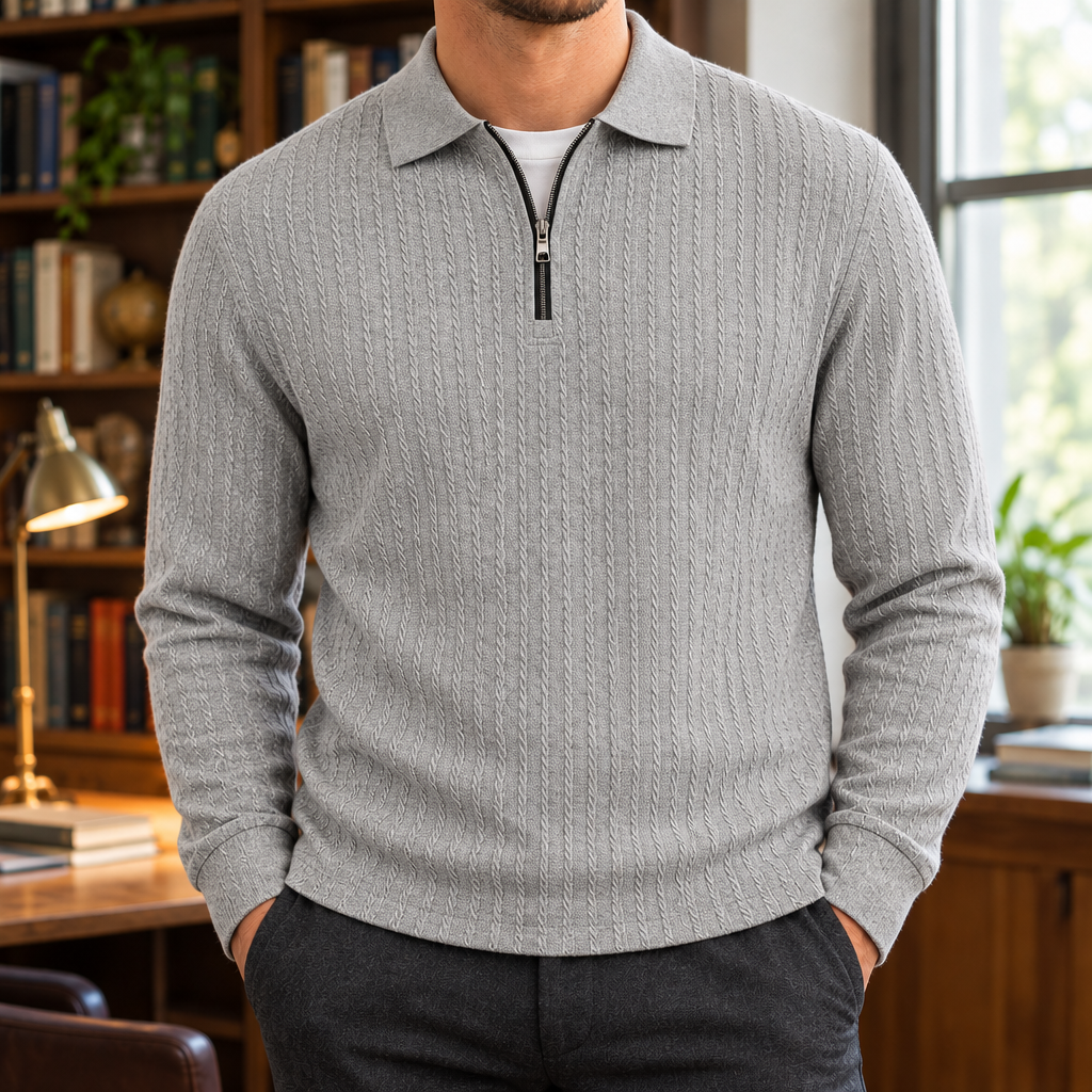 Peter Textured Quarter-Zip Polo - Light Gray, worn, full polo