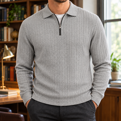 Peter Textured Quarter-Zip Polo - Light Gray, worn, full polo