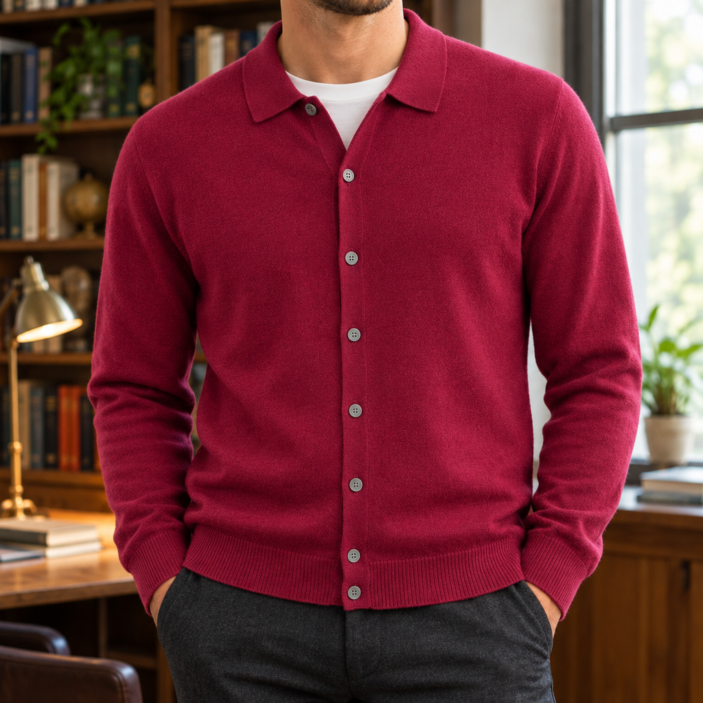 Andrew Fine-Knit Polo Cardigan - Maroon, worn, full cardigan