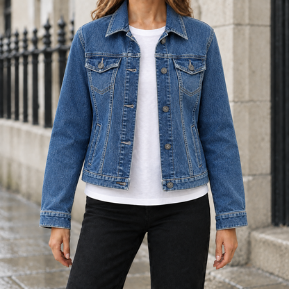 Delphine Cropped Denim Jacket - Medium Blue, worn, full jacket