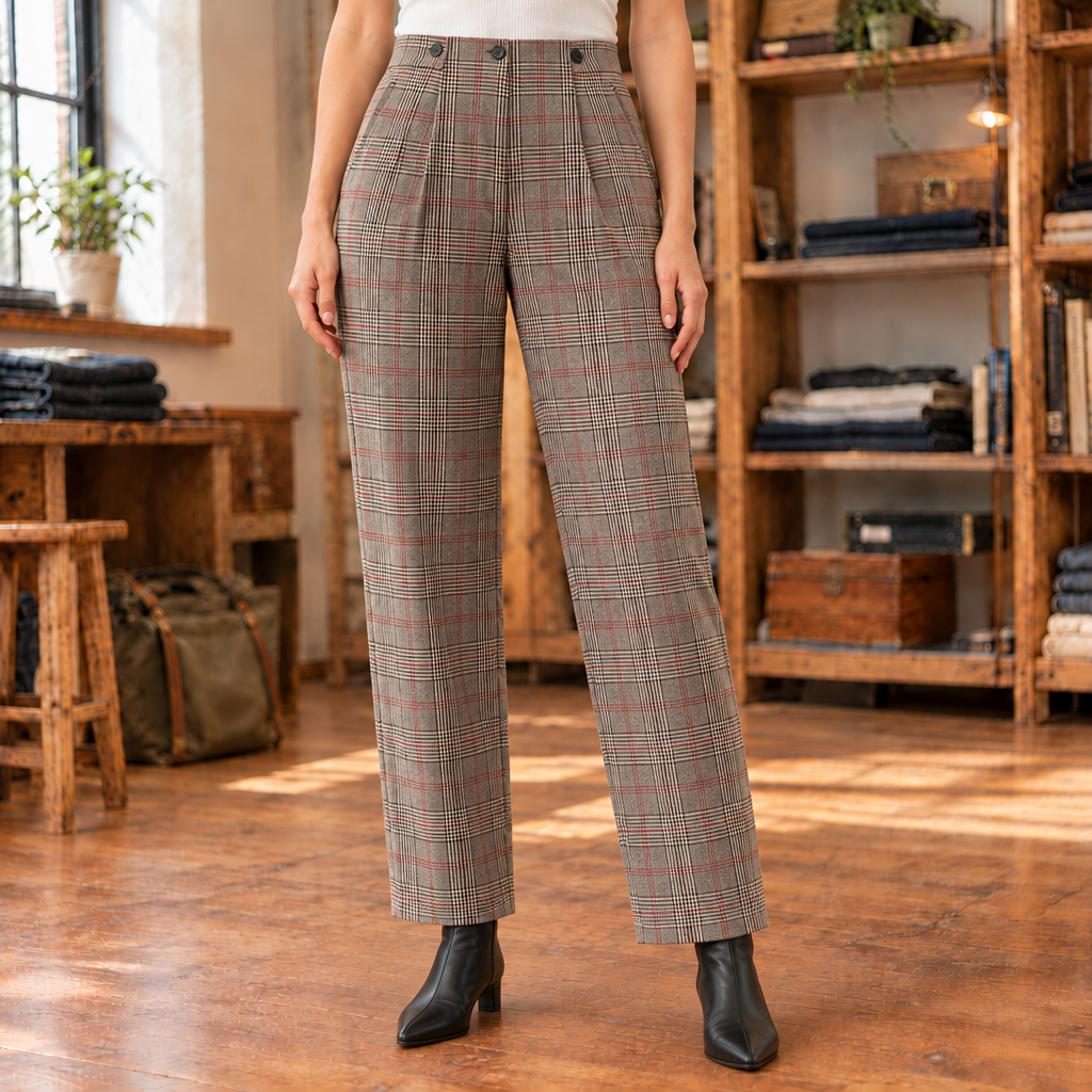 Kristen Glen-Plaid Straight-Leg Trousers - Mocha, worn, full length