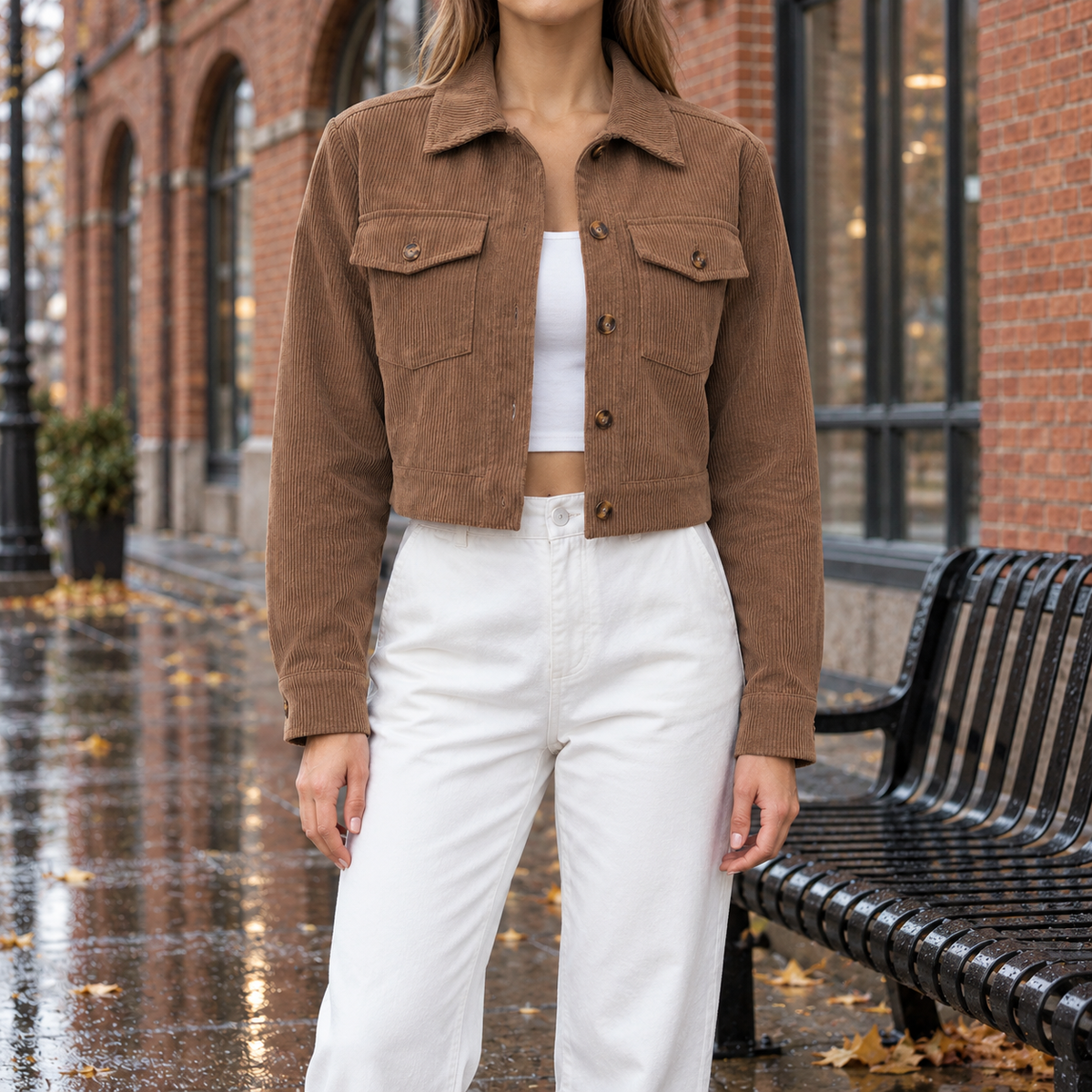 Abby Cropped Corduroy Jacket - Mocha, worn, full jacket