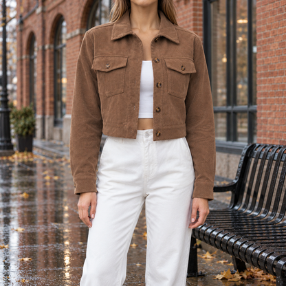 Abby Cropped Corduroy Jacket - Mocha, worn, full jacket