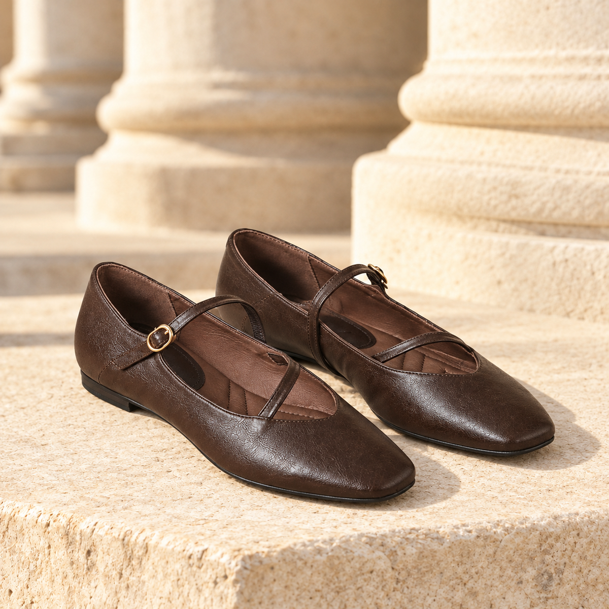 Rose Cross-Strap Mary Jane Flats - Mocha, full pair