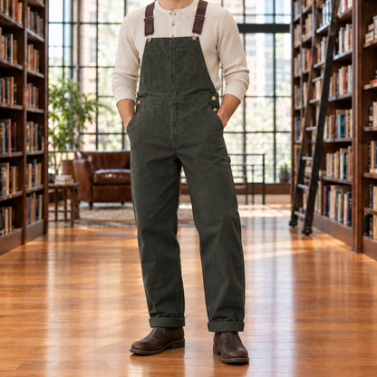 Jesse Cotton Canvas Bib Overalls - Moss Green, worn, full overalls