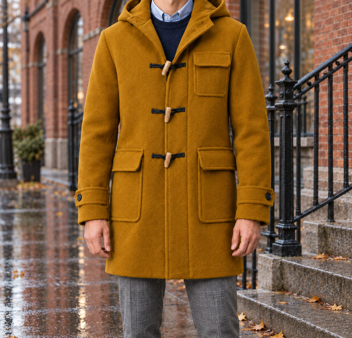 Hudson Hooded Toggle Duffle Coat - Mustard, worn, full coat