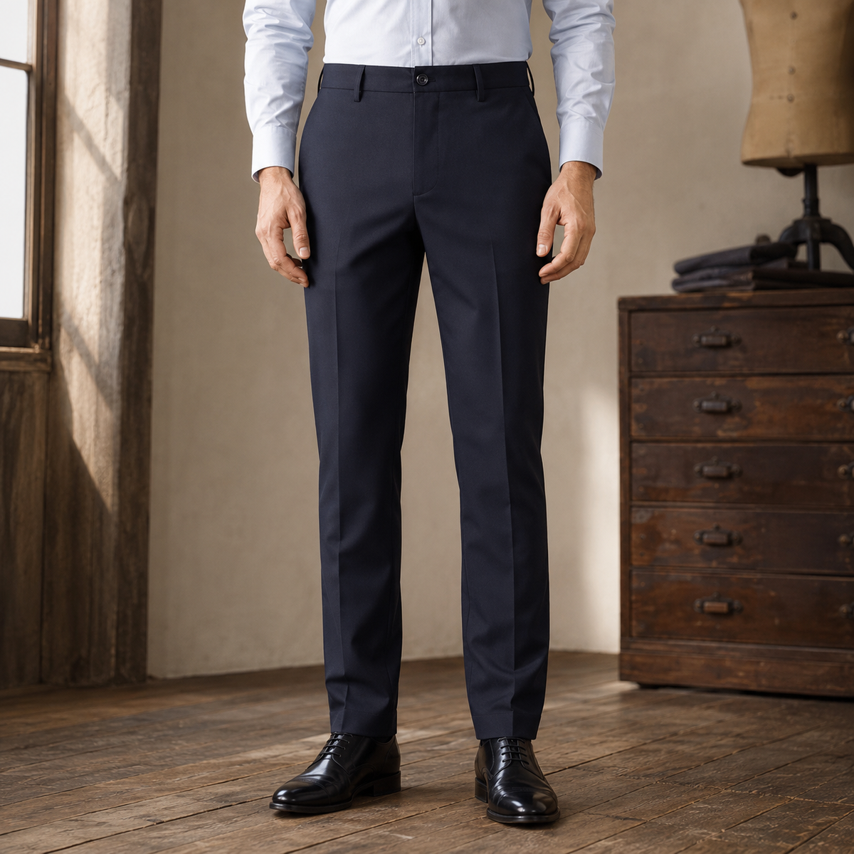 Alden Stretch Dress Trousers — Navy Blue, worn, full trousers