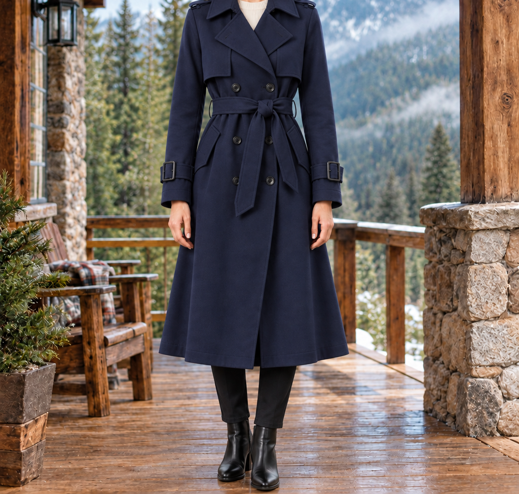 Olivia Belted Double-Breasted Trench Coat - Navy, worn, full coat
