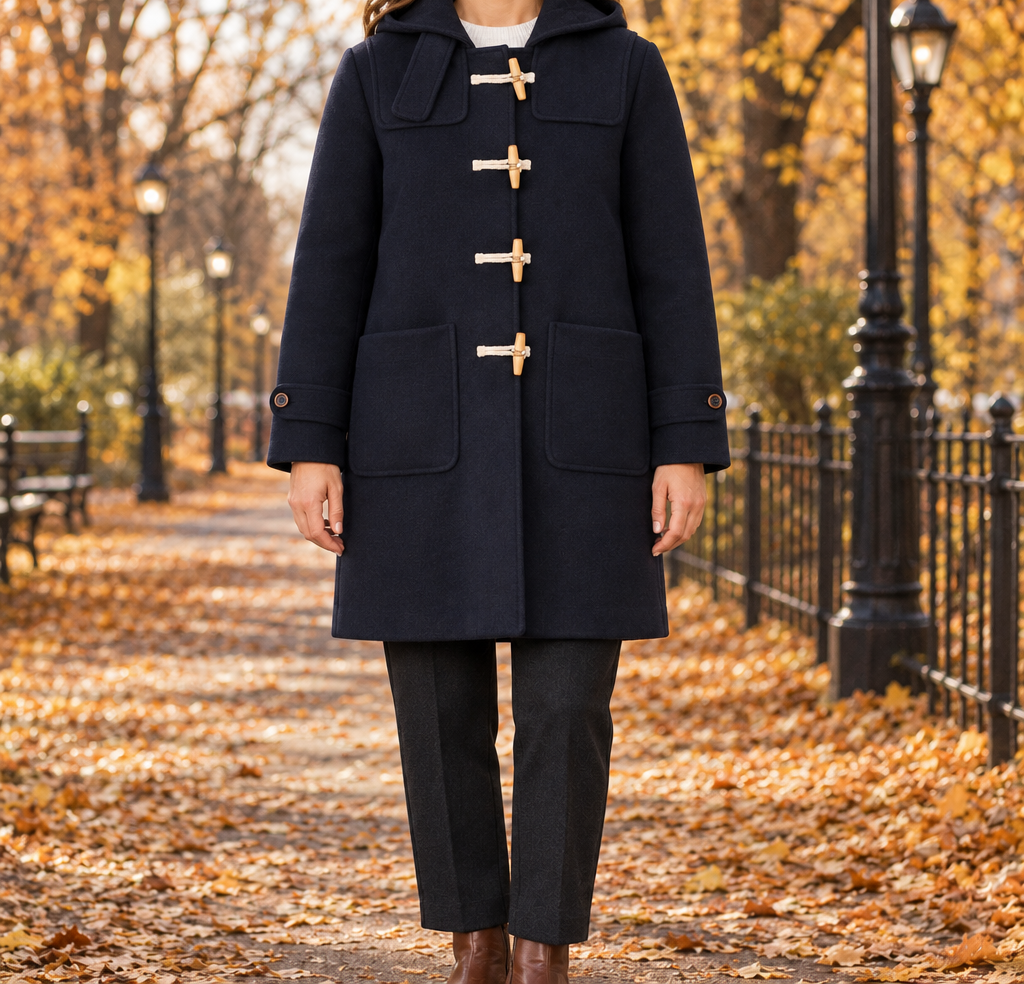 Anna Hooded Toggle Duffle Coat - Navy, worn, full coat