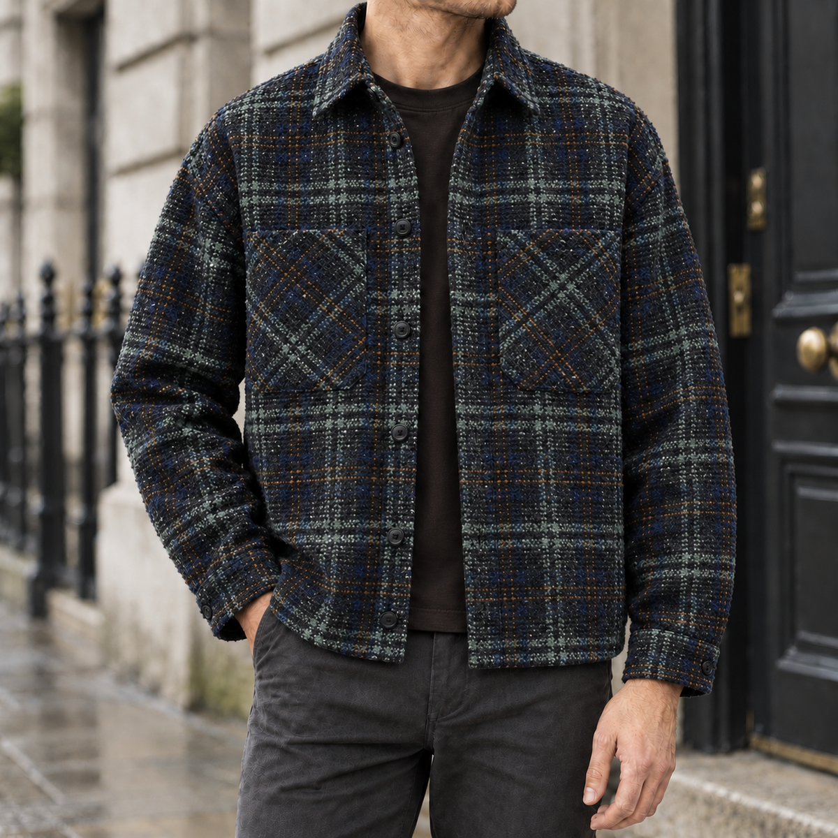 Hayes Textured Plaid Overshirt - Navy Plaid, worn, full jacket