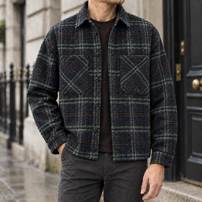 Hayes Textured Plaid Overshirt - Navy Plaid, worn, full jacket
