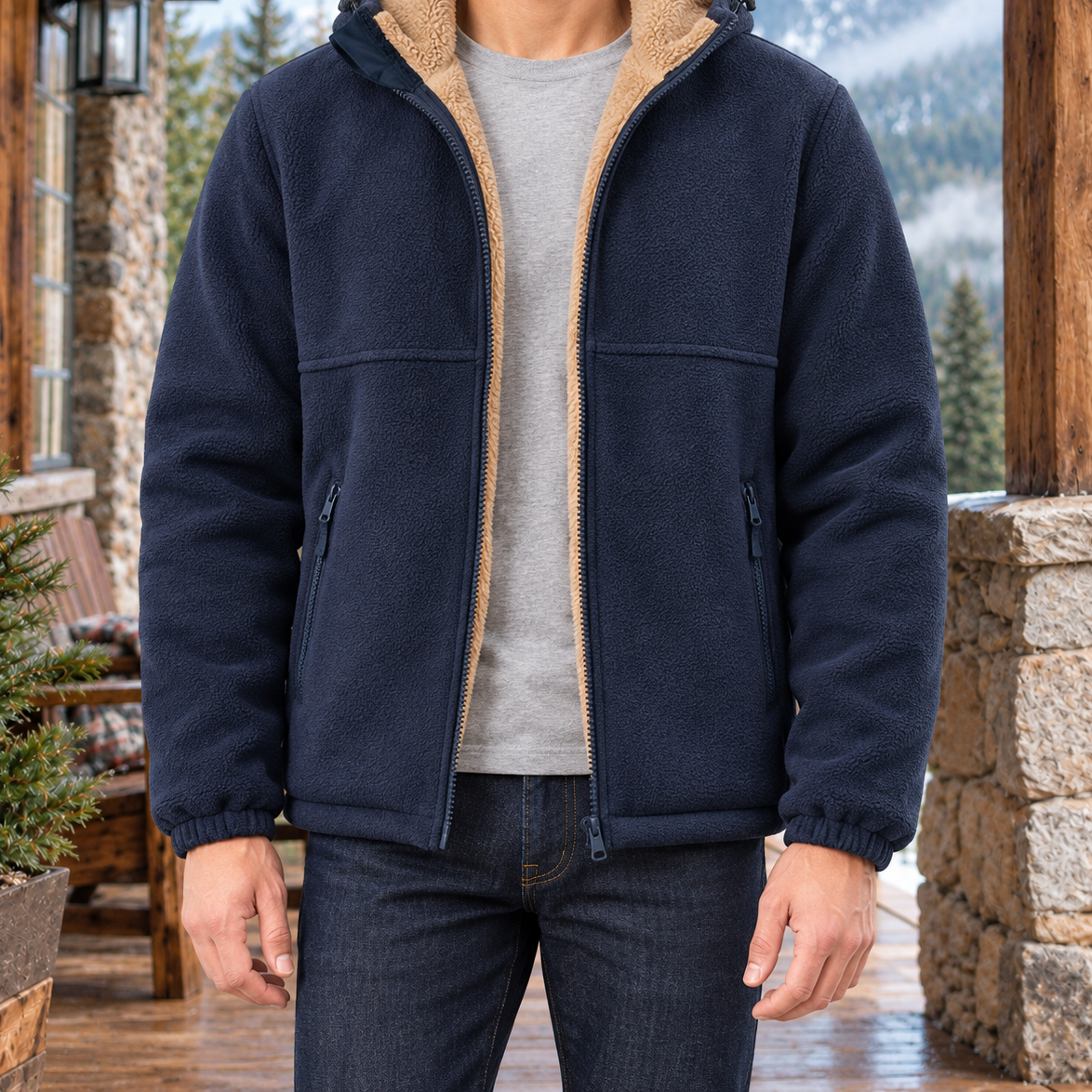 Brody Sherpa-Lined Hooded Fleece Jacket - Dark Blue, worn