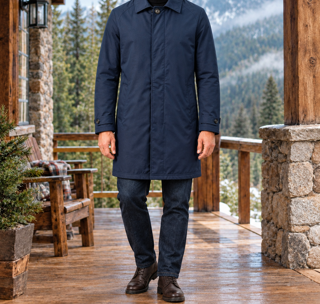 Pierce Single-Breasted Mac Coat - Navy, worn